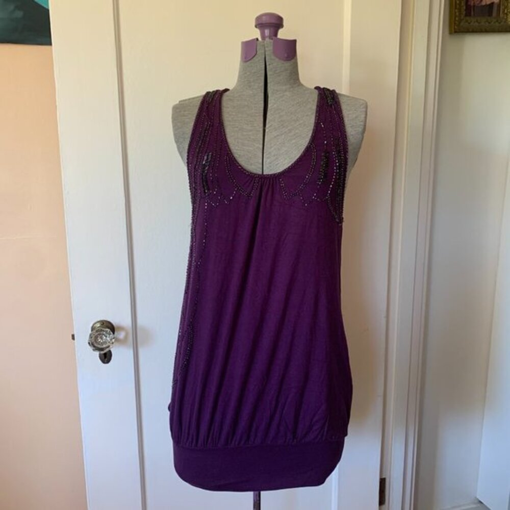 VTG Y2K Purple Beaded Knit Tank Tunic Minidress M Fairy Whimsigoth Grunge Witch